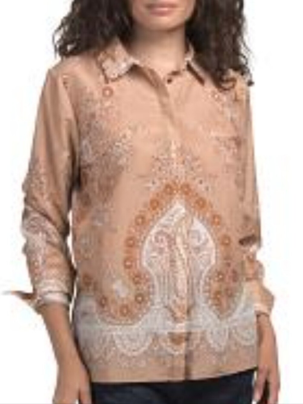 Kolby Halperin Paisley beige long-sleeve button-down blouse Size Small